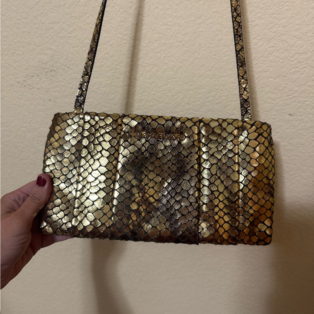 Michael Kors Gold Snake Print Metallic Clutch MK